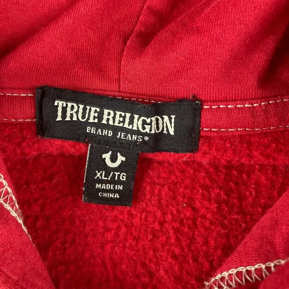 True Religion Mens XL Red Full Zip Hoodie Buddha World Tour Logo Sweatshirt